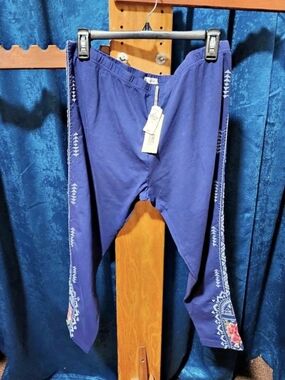 Johnny Was Zoe Embroidered Leggings Navy Floral Geometric PXL NWT